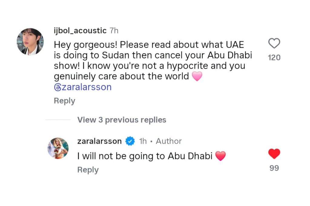 "لن أذهب إلى أبوظبي".. زارا لارسون تلغي حفلها في الإمارات بسبب دورها في حرب السودان زارا لارسون زارا لارسون تلغي حفل الإمارات